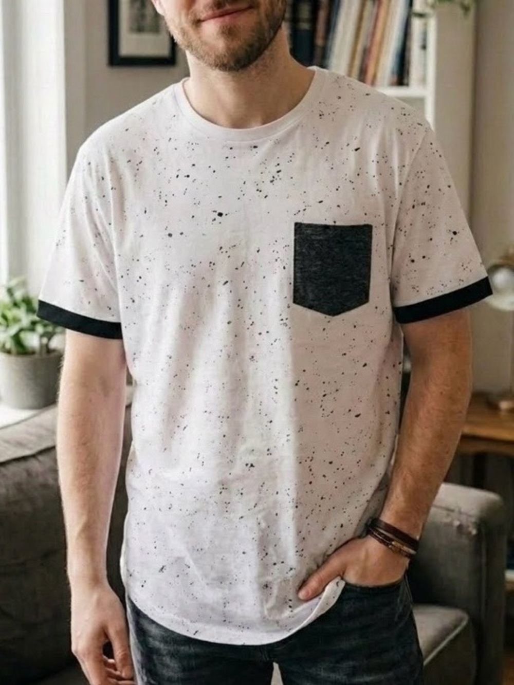 3/25$ Urban Heritage White Speckled Tee with Black Pocket & Cuff Trim